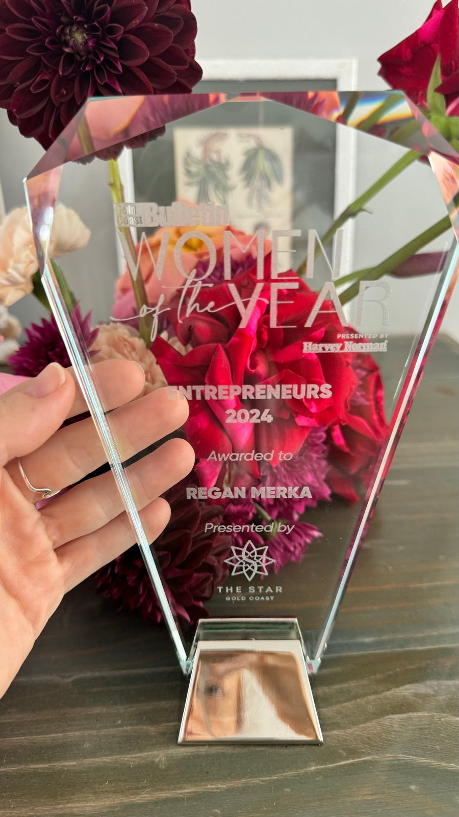 The Gold Coast Bulletin Women of the Year trophy, entrepreneurs category, awarded to Regan Merka