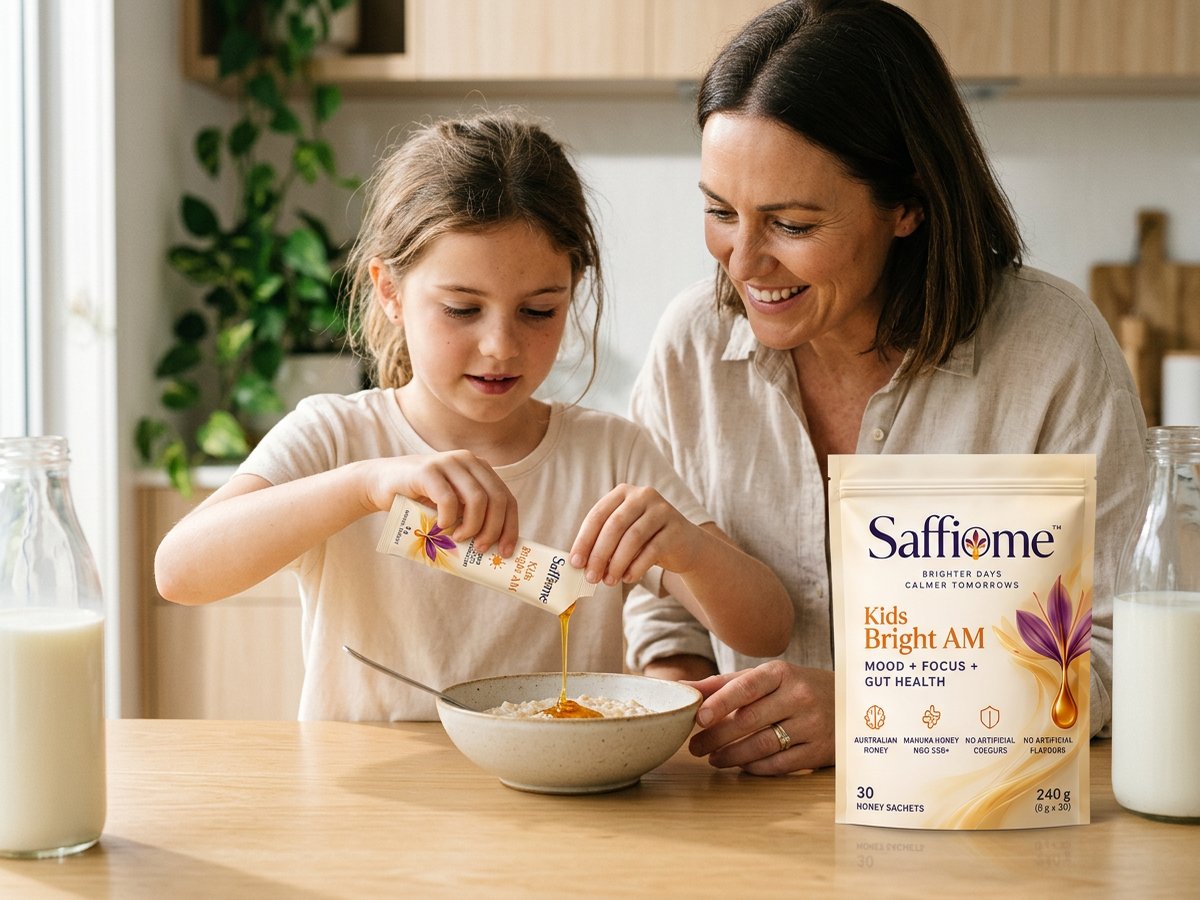 Morning: a girl squeezing a Bright AM honey sachet onto her porridge at the breakfast table, her mum beside her