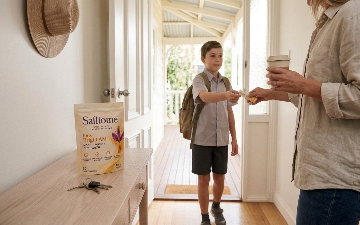 A parent holding a takeaway coffee hands a Bright AM sachet to a boy in school uniform at the front door, the Kids Bright AM pouch and keys on the hall table